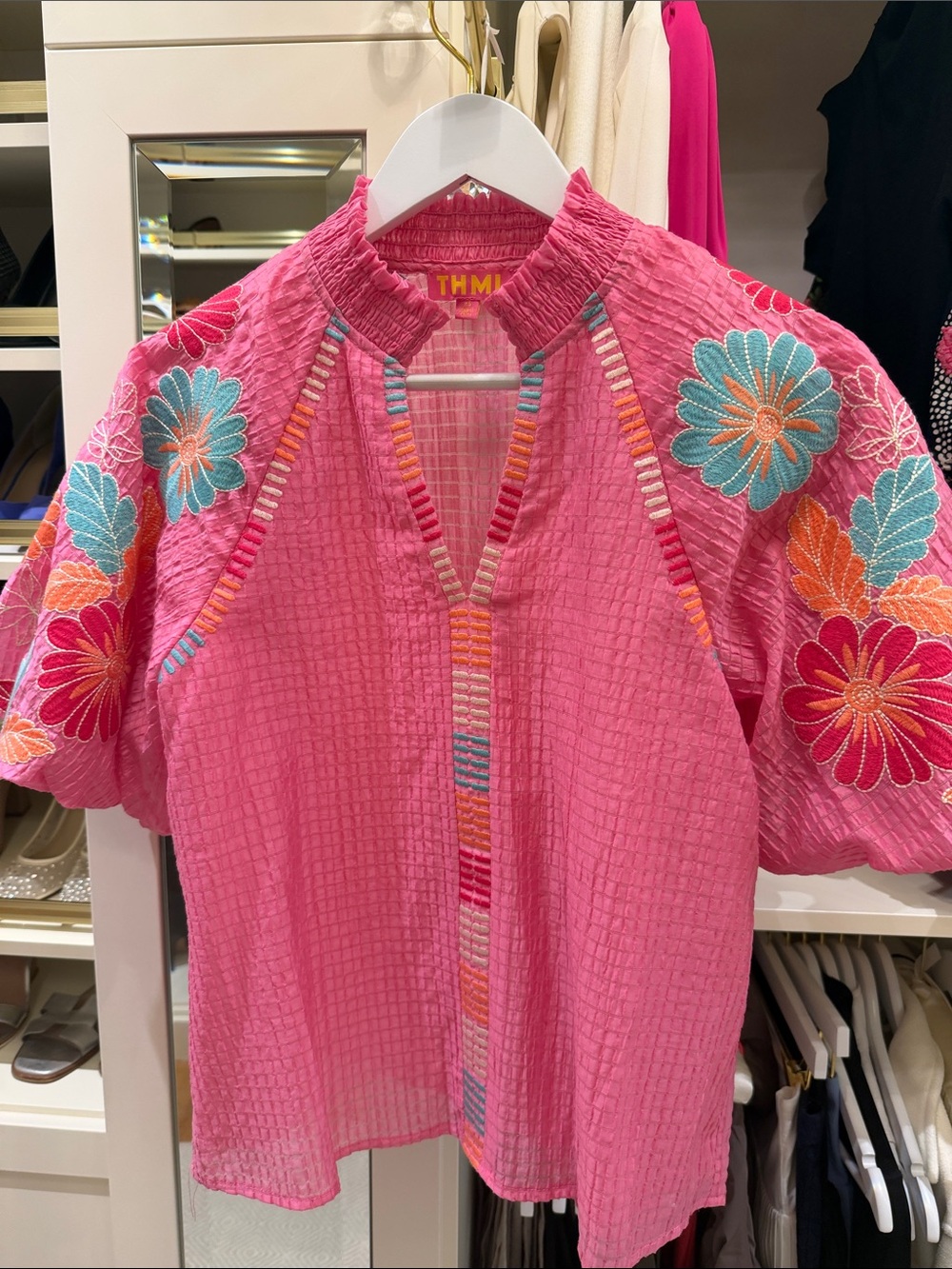 THML Hot Pink Floral Embroidered Puff Sleeve Blouse